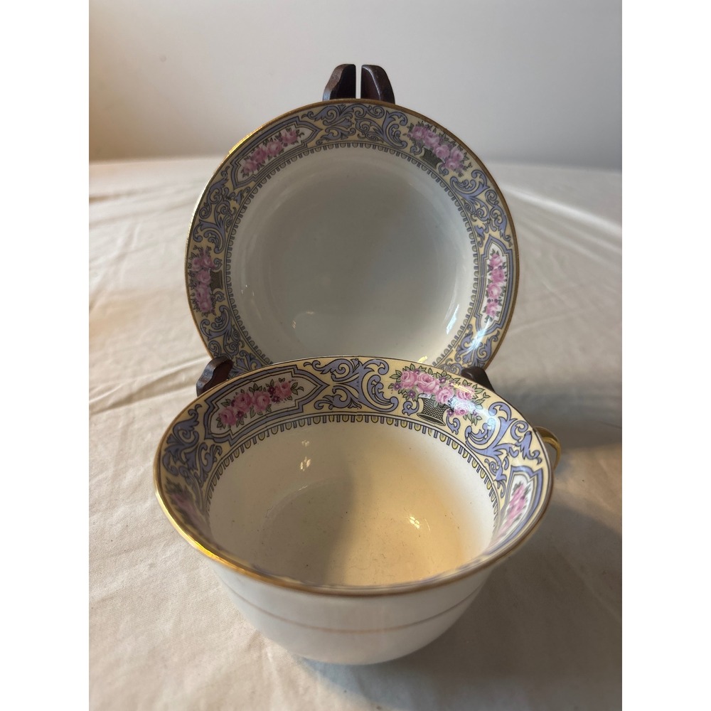 Warranted Tea Cup Saucer Set 10pc White Pink Gold Fair 18K Gold Handles Floral